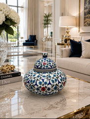 Handmade Iznik Quartz Ceramic Lidded Jar 22cm, Turkish Pottery, Blue Floral Ottoman Decor, Luxury Home Decor, Decorative Ginger Jar