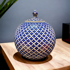 30cm quartz globe jar with geometrical navy blue clover pattern
