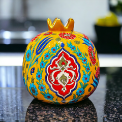 20cm quartz yellow pomegranate with multicolour tulip, daisy and medallion iznik floral pattern