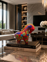 Handmade Iznik Quartz Ceramic Horse Sculpture, Ottoman Art Decor, Turkish Ceramic Horse, Luxury Home Decor, Red Blue Floral Horse