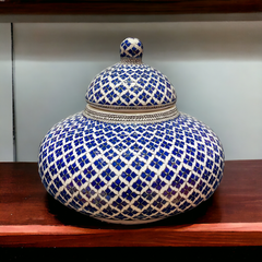 30cm quartz space jar with geometrical navy blue clover pattern