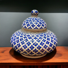 20cm Quartz jar with navy blue geometric clover pattern