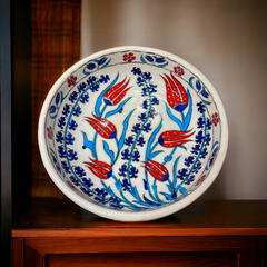 22cm quartz bowl with tulips and hyacinths iznik floral pattern