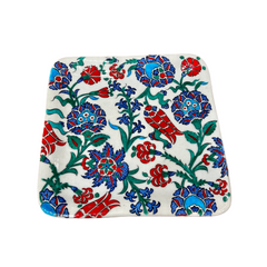 25cm Quartz square plate with tulip,peony and hyacinths floral iznik pattern