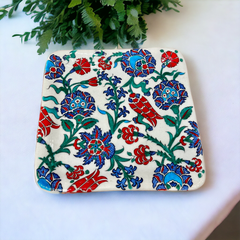 25cm Quartz square plate with tulip,peony and hyacinths floral iznik pattern