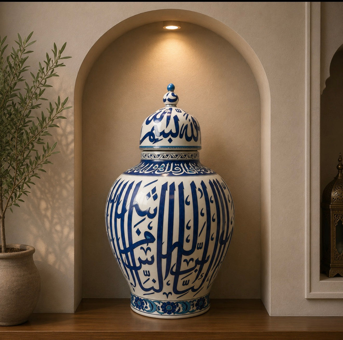 Handcrafted Iznik Calligraphy Lidded Jar – Quartz Ceramic with Quran calligraphy