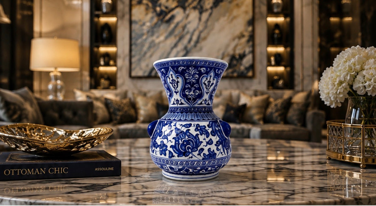 Handmade Iznik Ceramic Vase 22 cm | Blue & White Turkish Pottery | Ottoman Floral Vase | Luxury Home Decor | Collector Gift