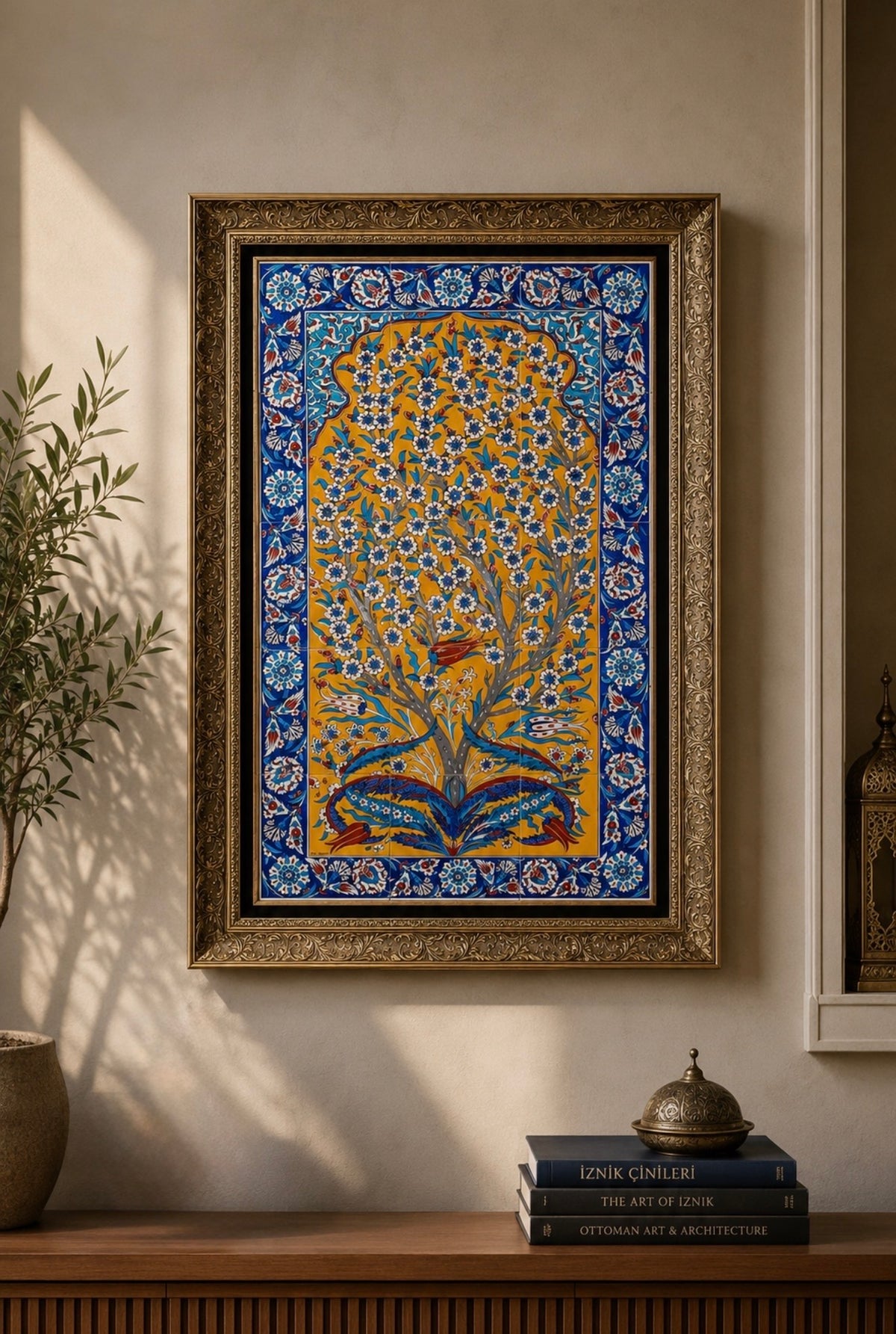 Large Handmade Iznik Quartz Wall Art Tile Panel – Tree of Life Design – Ottoman Turkish Wall Decor – Framed Blue & Yellow Art