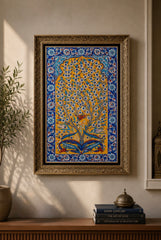 Large Handmade Iznik Quartz Wall Art Tile Panel – Tree of Life Design – Ottoman Turkish Wall Decor – Framed Blue & Yellow Art