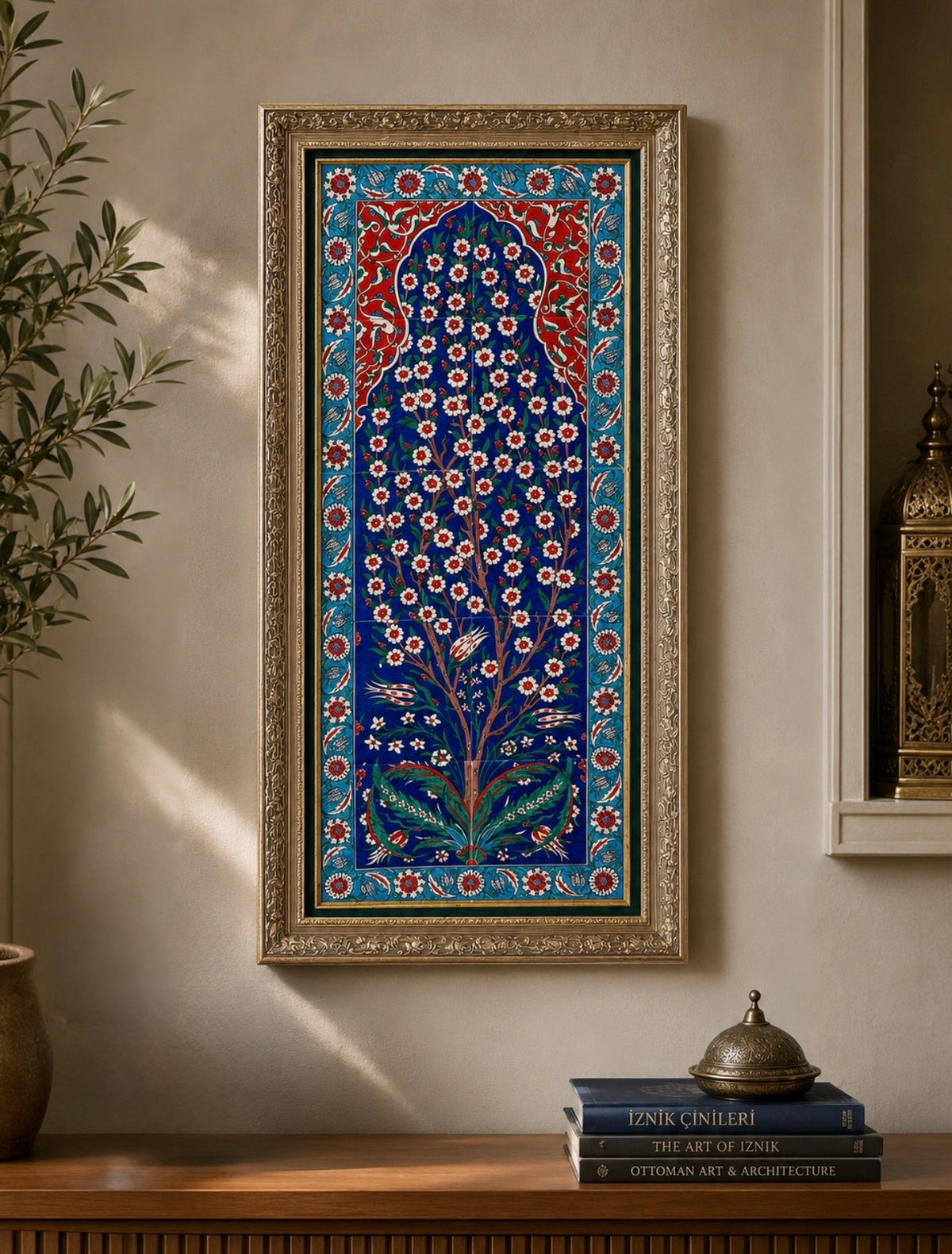 Large Handmade Iznik Ceramic Wall Panel – Tree of Life Tile Art – Ottoman Floral Wall Decor – Framed Turkish Ceramic Artwork