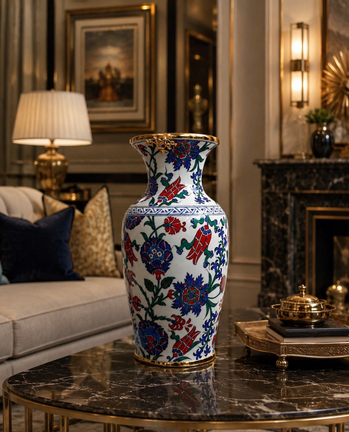 Handcrafted Iznik Floral Vase – Quartz Ceramic with Gold Rim