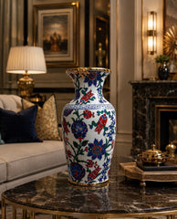 Handcrafted Iznik Floral Vase – Quartz Ceramic with Gold Rim