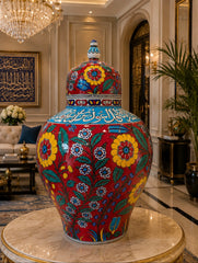 Handcrafted Iznik Ceramic Lidded Jar – Red Floral Design with Ottoman Calligraphy