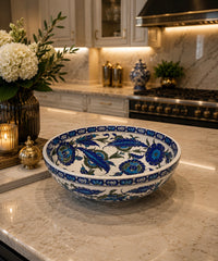 Handmade Quartz Iznik Ceramic Serving Bowl | Blue & White Turkish Pottery | Ottoman Decorative Bowl | Luxury Kitchen Decor | Artisan Centerpiece