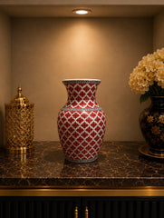 Handcrafted Red Geometric Iznik Vase – Quartz Ceramic