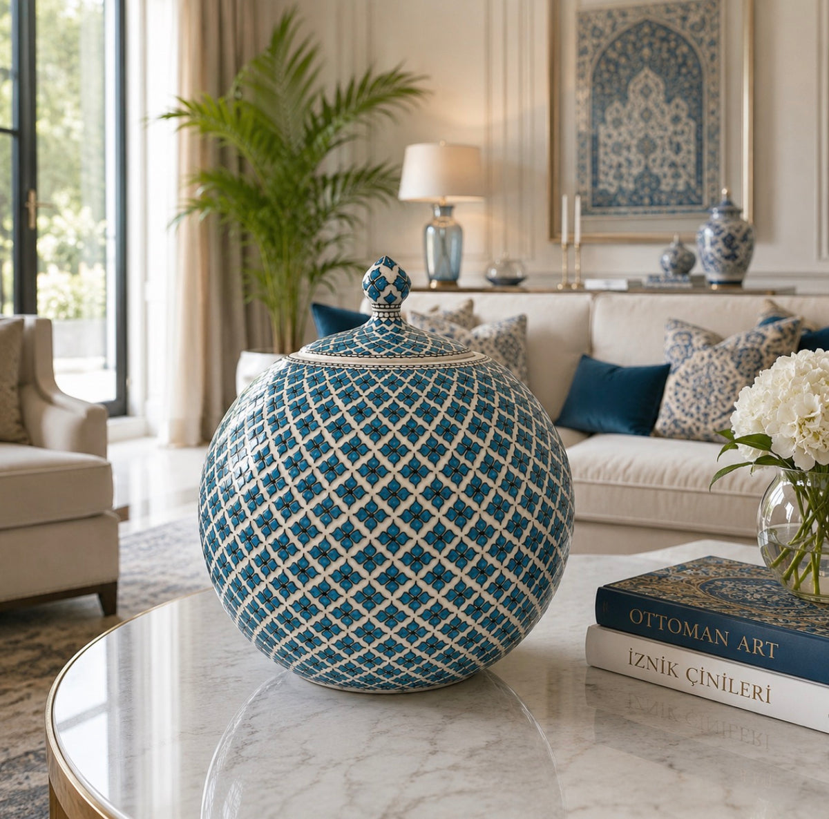 Quartz pottery Handmade Iznik Ginger Jar with Lid, Blue White Quartz Pottery, Ottoman Home Decor, Luxury Decorative Jar