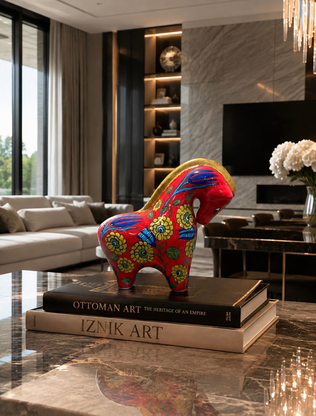 Handmade Iznik Quartz Ceramic Horse Sculpture, Ottoman Art Decor, Turkish Ceramic Horse, Luxury Home Decor, Red Blue Floral Horse