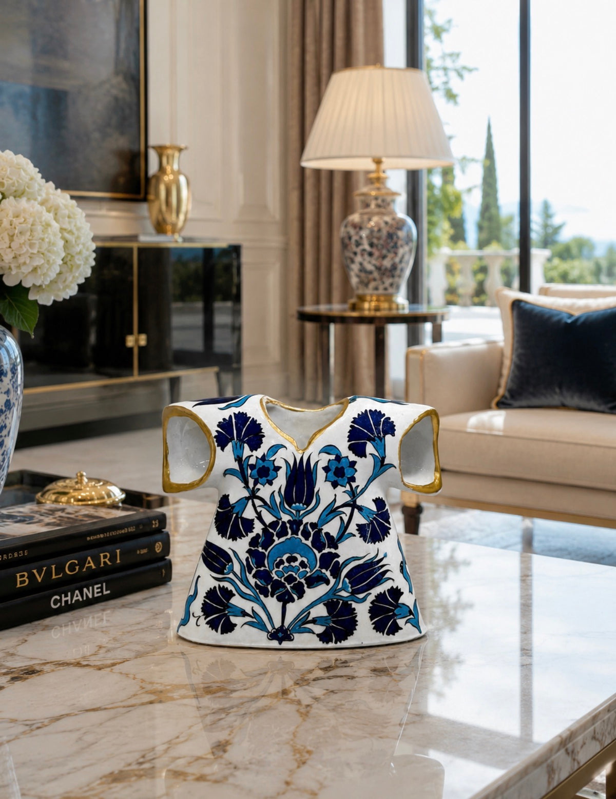 Handmade Iznik Ceramic Kaftan Vase | Ottoman Blue Floral Decor | Luxury Turkish Ceramic Art | Gold Gilded Home Decor Gift