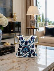 Handmade Iznik Ceramic Kaftan Vase | Ottoman Blue Floral Decor | Luxury Turkish Ceramic Art | Gold Gilded Home Decor Gift