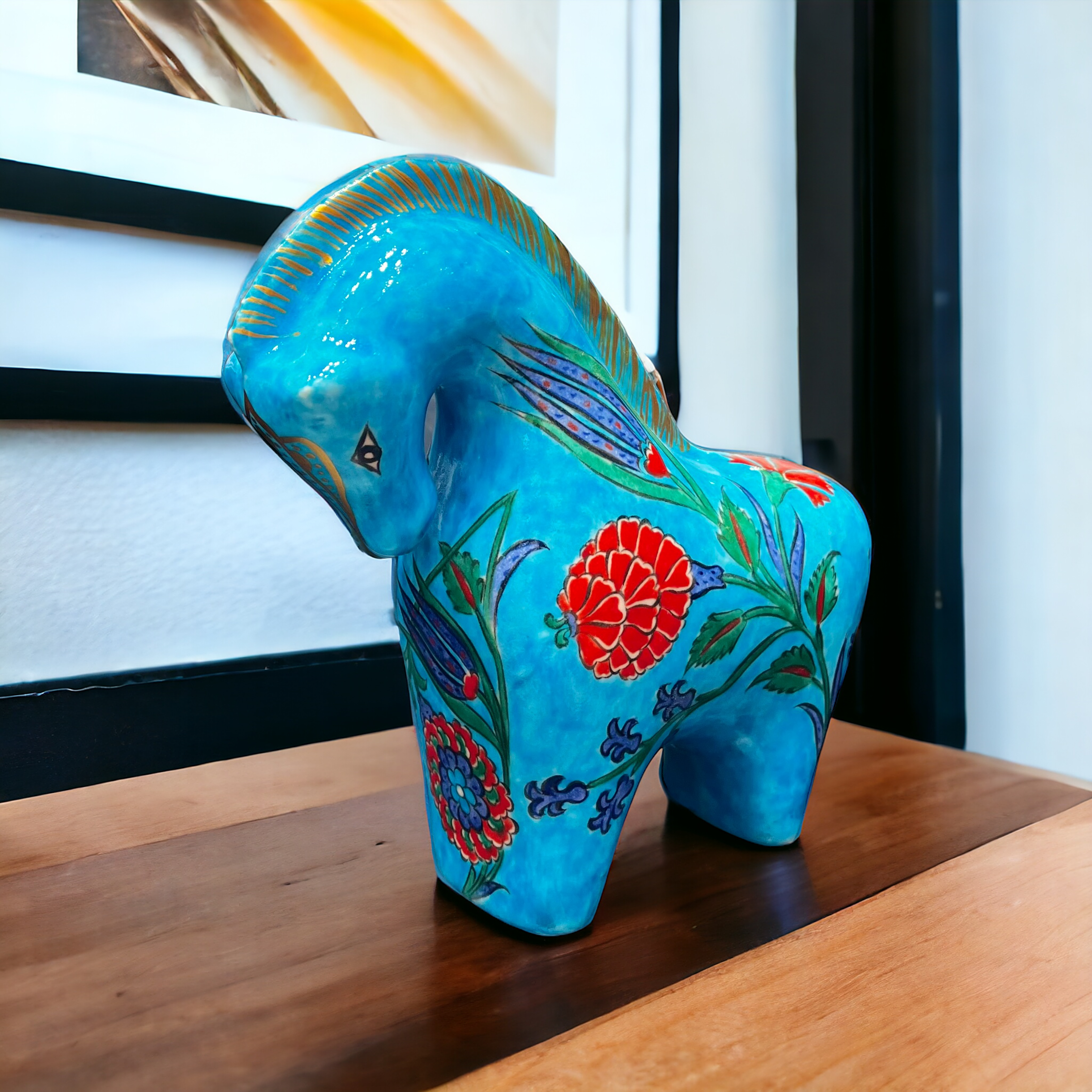 Lalezar Quartz horse with turquoise background tulip and rose iznik floral pattern
