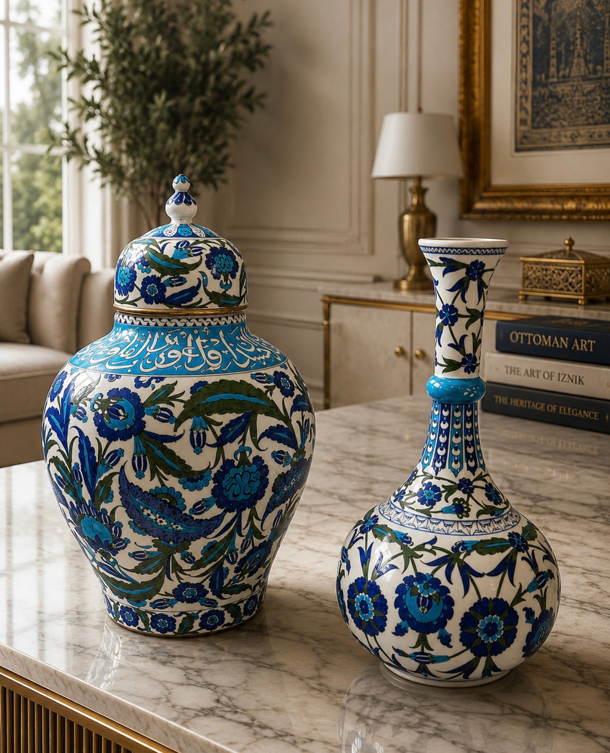 Handcrafted Iznik Decorative Jar & Vase Set – Blue & Turquoise Quartz Ceramic