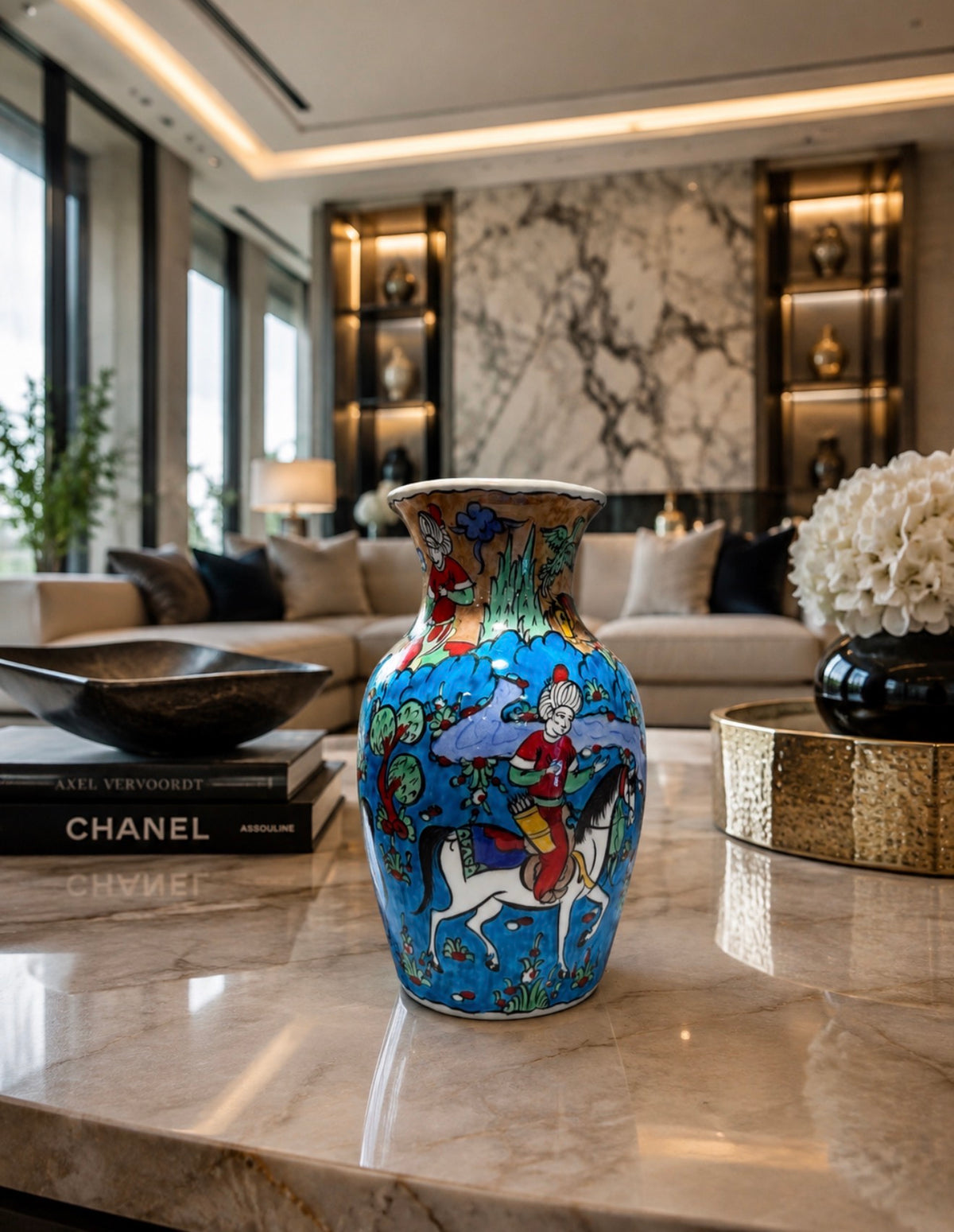 Handmade Iznik Ceramic Vase 25 cm | Ottoman Horseman Design | Turkish Pottery | Blue Decorative Flower Vase | Luxury Home Decor