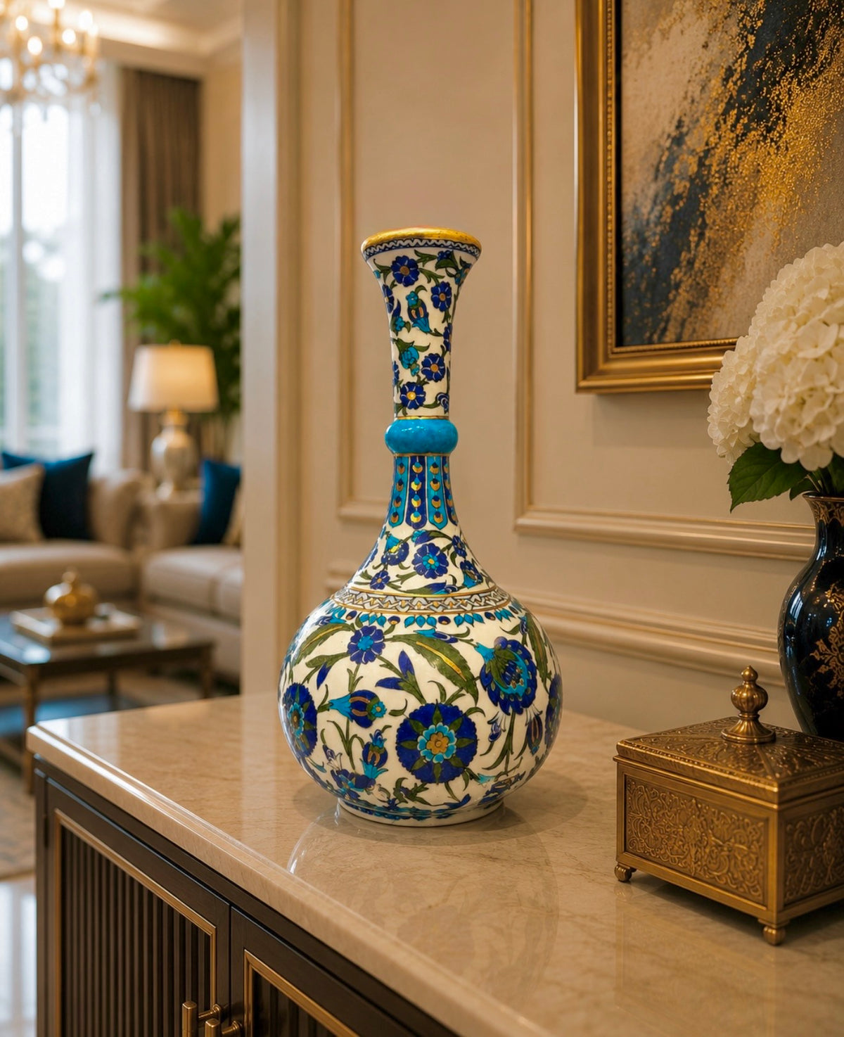 Handmade Iznik Ceramic Vase | Blue Floral Quartz Vase | Turkish Pottery | Luxury Home Decor | Ottoman Style Decorative Vase