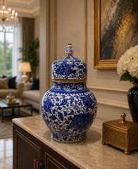 Handmade Blue & White Iznik Ceramic Ginger Jar with Lid | Luxury Ottoman Style Decorative Porcelain Jar | Traditional Turkish Home Decor