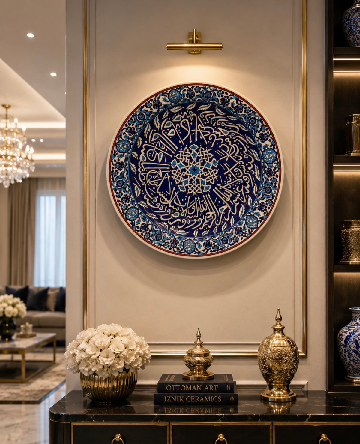 Large 45cm Turkish Iznik Quartz Ceramic Wall Plate, Hand Painted Ottoman Art, Islamic Calligraphy Decor, Luxury Blue Ceramic Wall Art, Handmade Gift