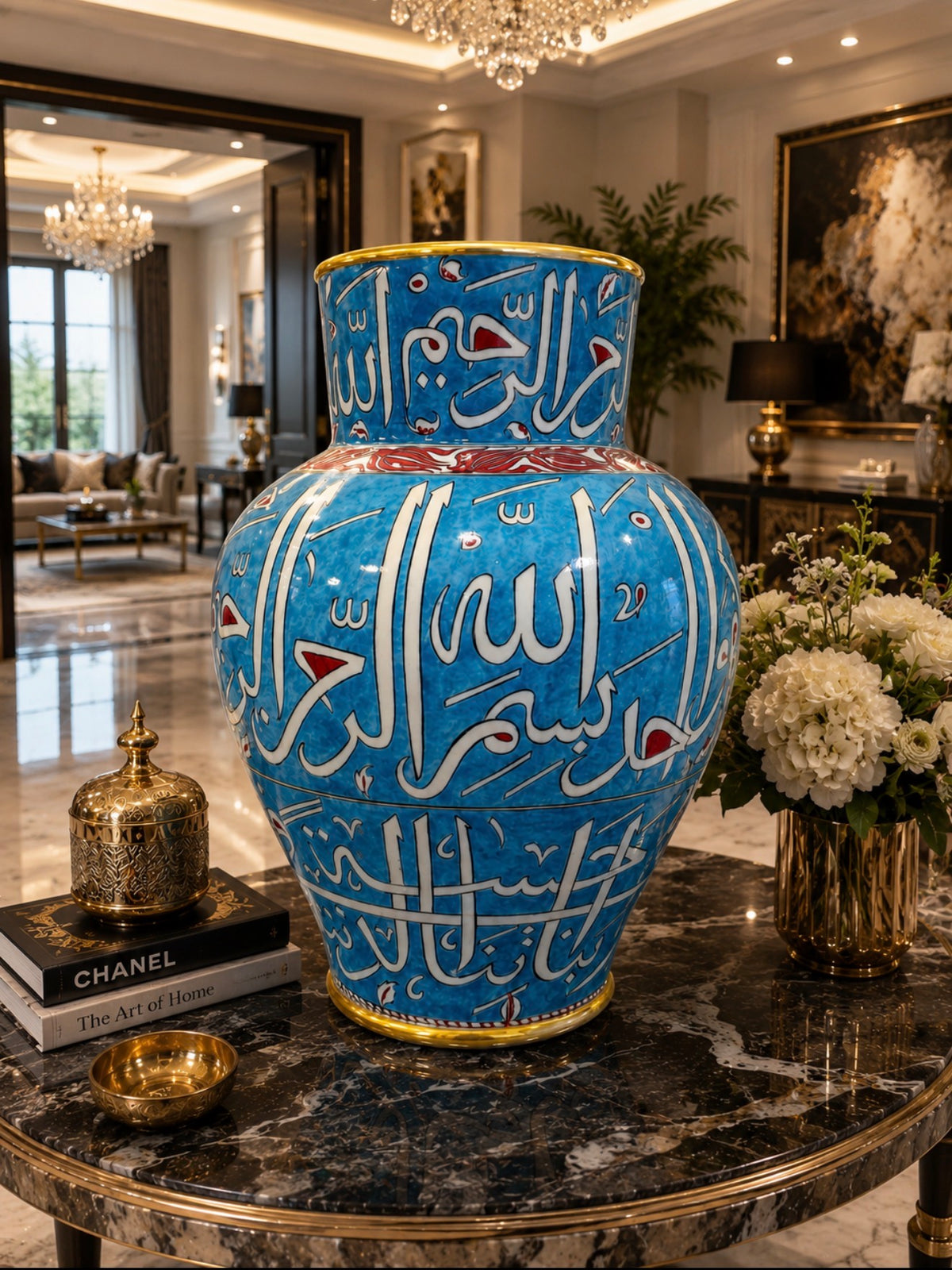 55 cm Handmade Iznik Ceramic Vase with Arabic Calligraphy | Large Blue Quartz Vase | Luxury Islamic Home Decor | Lalezar Iznik