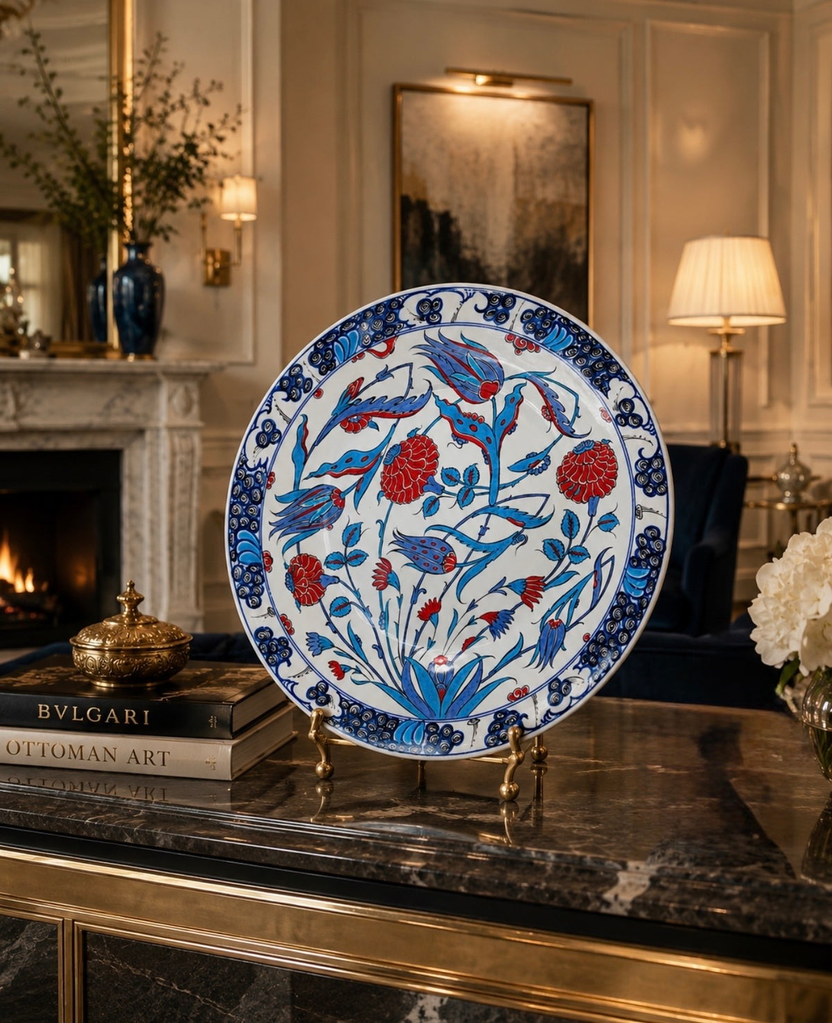 Handmade Iznik quartz ceramic Plate 40 cm | Quartz Ottoman Floral Wall Plate | Traditional Turkish Blue & Red Decor