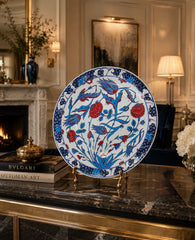 Handmade Iznik quartz ceramic Plate 40 cm | Quartz Ottoman Floral Wall Plate | Traditional Turkish Blue & Red Decor