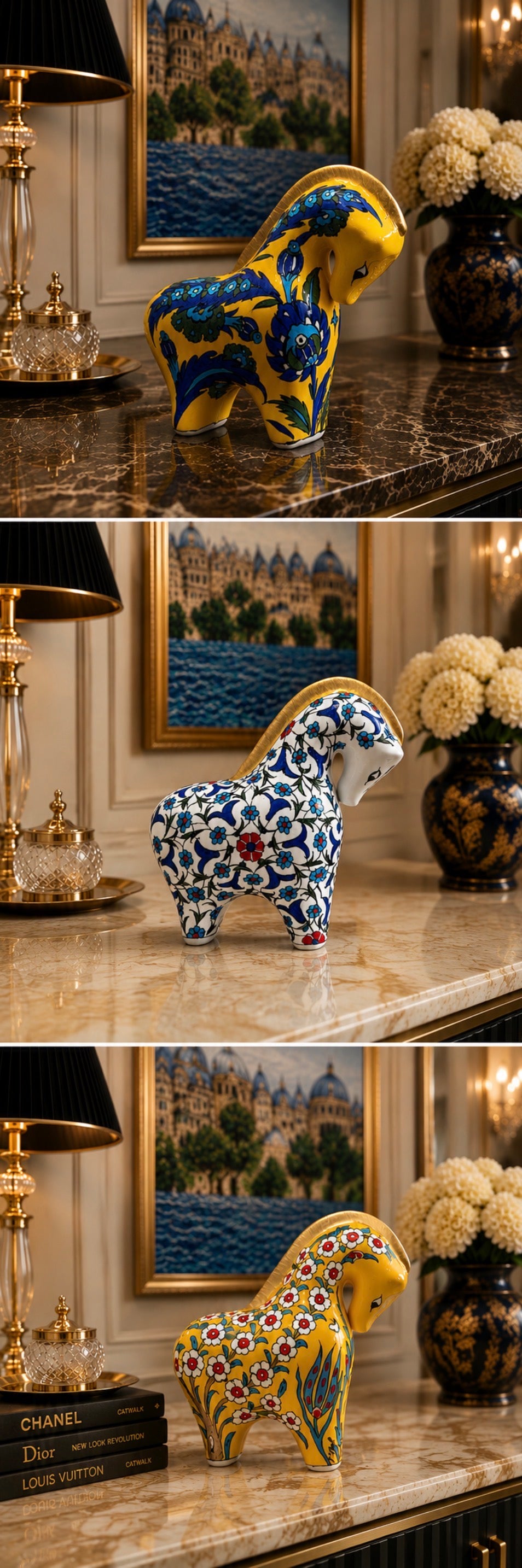 Handmade Quartz Ceramic Horse Figurine | Tugrakesh Iznik Style Ottoman Damascus Art Sculpture