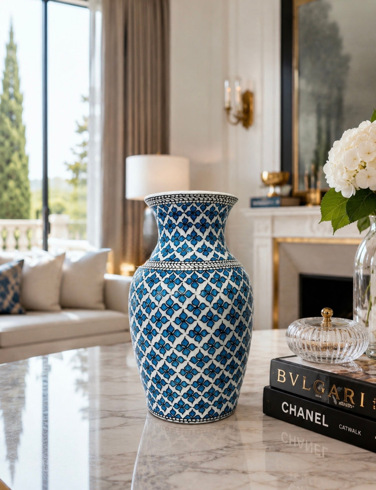 Handmade Iznik Quartz Ceramic Vase 25 cm | Blue White Turkish Vase | Ottoman Home Decor | Luxury Quartz Ceramic | Artisan Gift