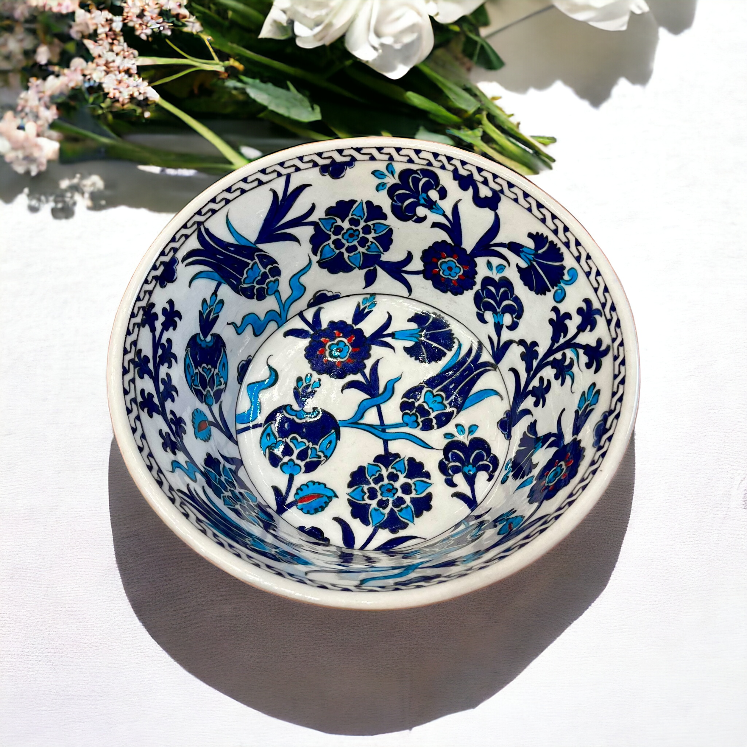 22cm quartz deep bowl with blue turquoise tulips,lily,pomegranate flower,hyacinths,carnation pattern