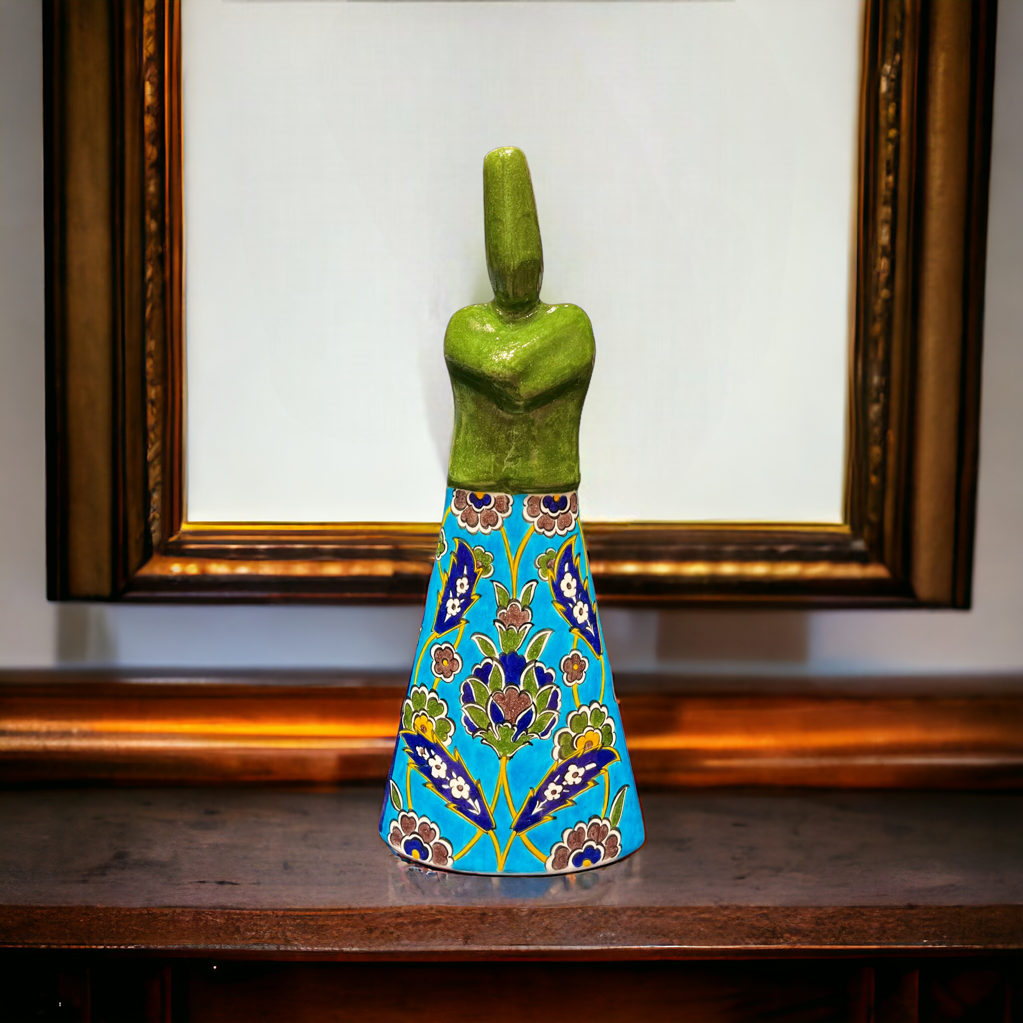 40cm Quartz whirling dervish figure with turquoise and green background iznik floral pattern