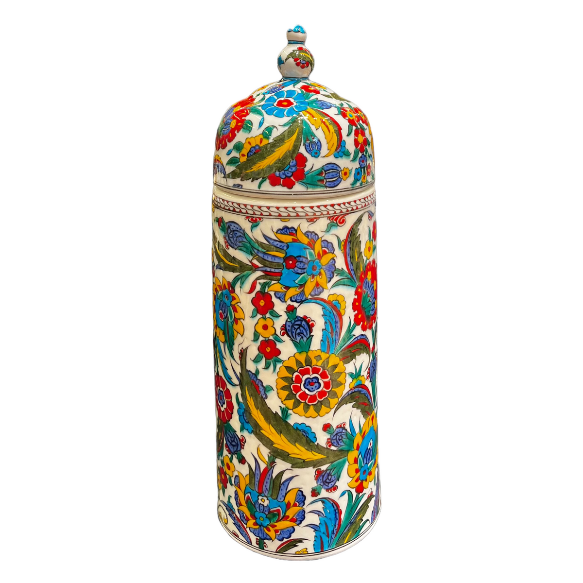 40cm Quartz Cylender Vase with floral iznik multicolour pattern